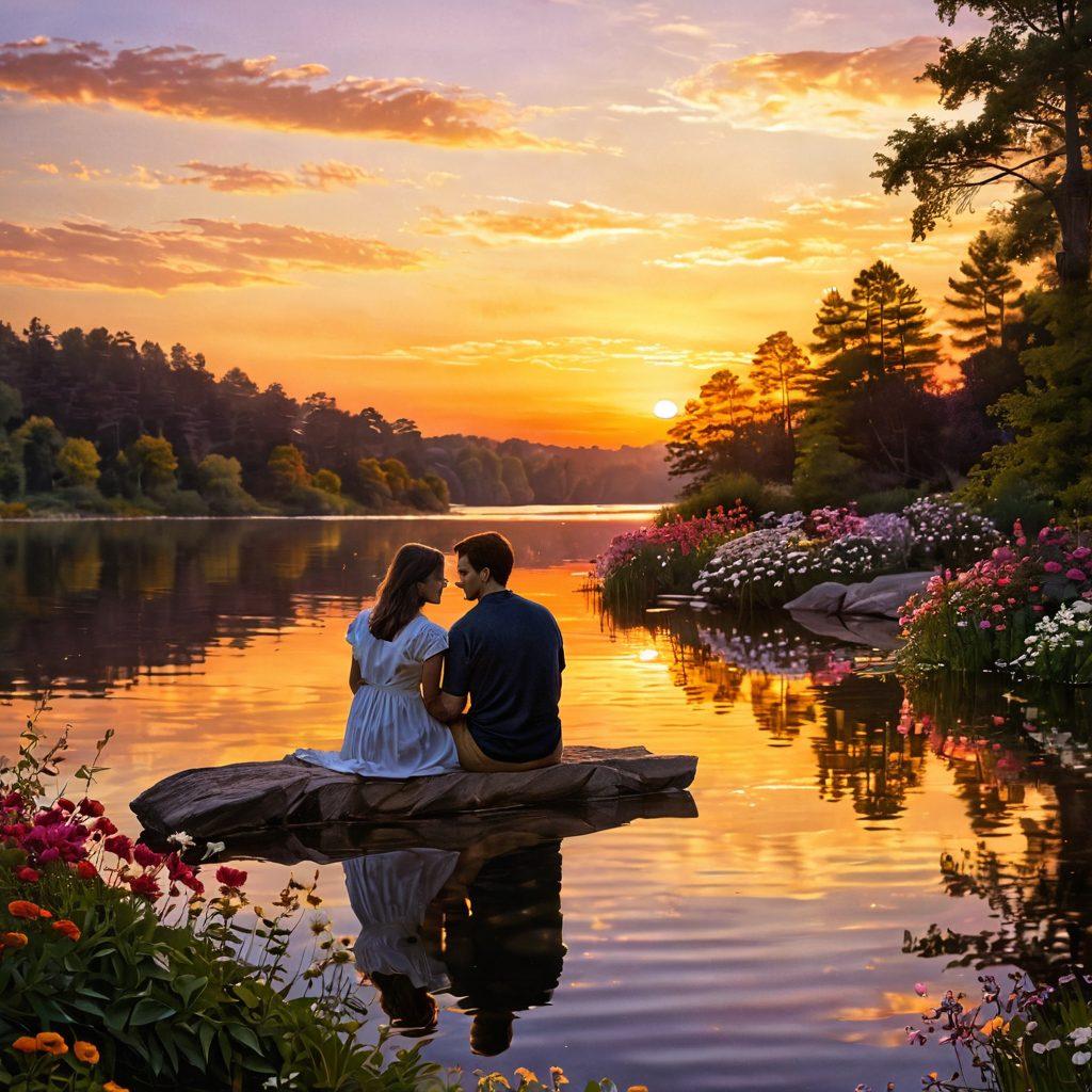 A romantic scene depicting a couple engaged in a cozy conversation by a scenic lakeside, surrounded by blooming flowers and soft lighting that reflects warmth and intimacy. They are looking into each other's eyes, symbolizing deep connection and emotional bonding. The background includes gentle ripples on the water and a sunset casting golden hues. super-realistic. vibrant colors. soft focus.