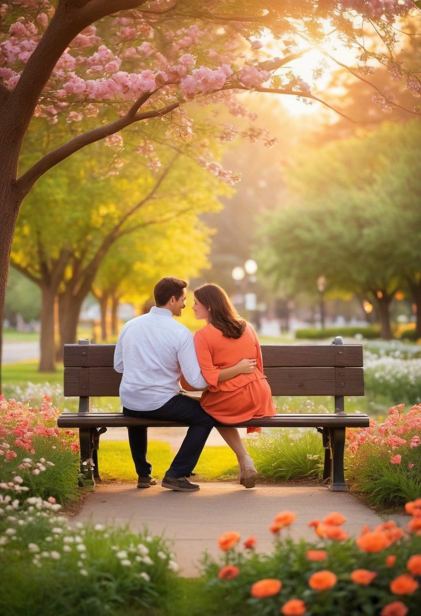 A serene moment depicting a couple sitting on a park bench, sharing a heartfelt conversation with soft smiles, surrounded by blooming flowers symbolizing trust and compatibility. The background features a gentle sunset casting warm colors, creating an atmosphere of love and connection. Incorporate elements of nature, like birds and trees, to emphasize harmony in relationships. vibrant colors. soft focus.