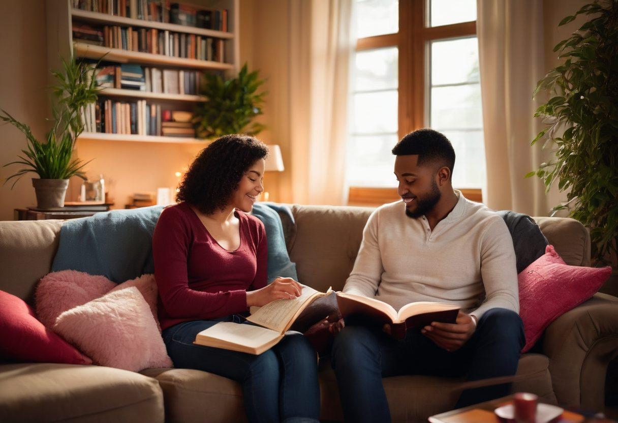 A warm and inviting scene featuring a couple sitting on a cozy couch, sharing a heartfelt moment with books and notes scattered around them, symbolizing their journey of love and partnership. Soft lighting enhances the emotional connection, with a beautiful plant in the background representing growth. Hearts subtly integrated into the decor reflect passion and intimacy. photography. cozy atmosphere. vibrant colors.